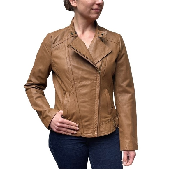 BOSTON PROPER LEATHER ASYMMETRIC ZIPPER STAND COLLAR TAN MOTO JACKET - Picture 1 of 15